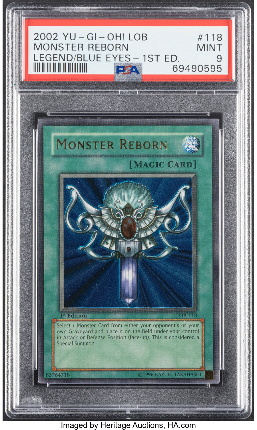 Yu-Gi-Oh! Monster Reborn 118 1st Edition Legend of Blue Eyes White Dragon PSA Trading Card Game Mint 9 (Konami, 2002)