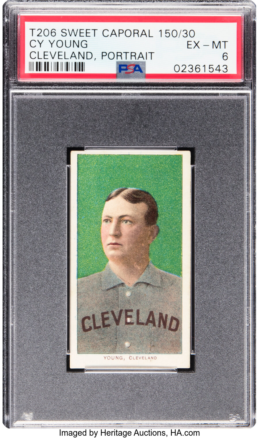 1909-11 T206 Sweet Caporal 150/30 Cy Young (Cleveland, Portrait) PSA EX-MT 6 -- Pop One, Two Higher!