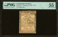 Continental Currency February 17, 1776 $1/6 PMG About Uncirculated 55