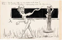 Edgar Rice Burroughs. Original pen-and-ink cartoon drawing depicting Adam and Eve humorously discussing their "clot...
