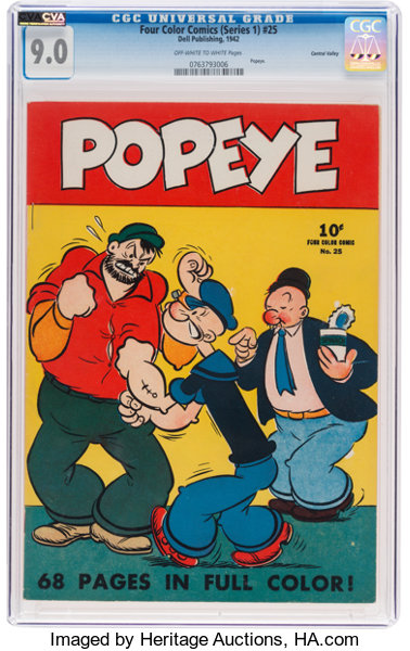Golden Age (1938-1955):Cartoon Character, Four Color (Series One) #25 Popeye - Central Valley Pedigree (Dell, 1942) CGC VF/NM 9.0 Off-white to white pages....