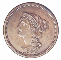 1854 Large Cent, Judd-160, Pollock-187, R.4 PR 63 Brown. The design is similar to that employed on large cents except th...
