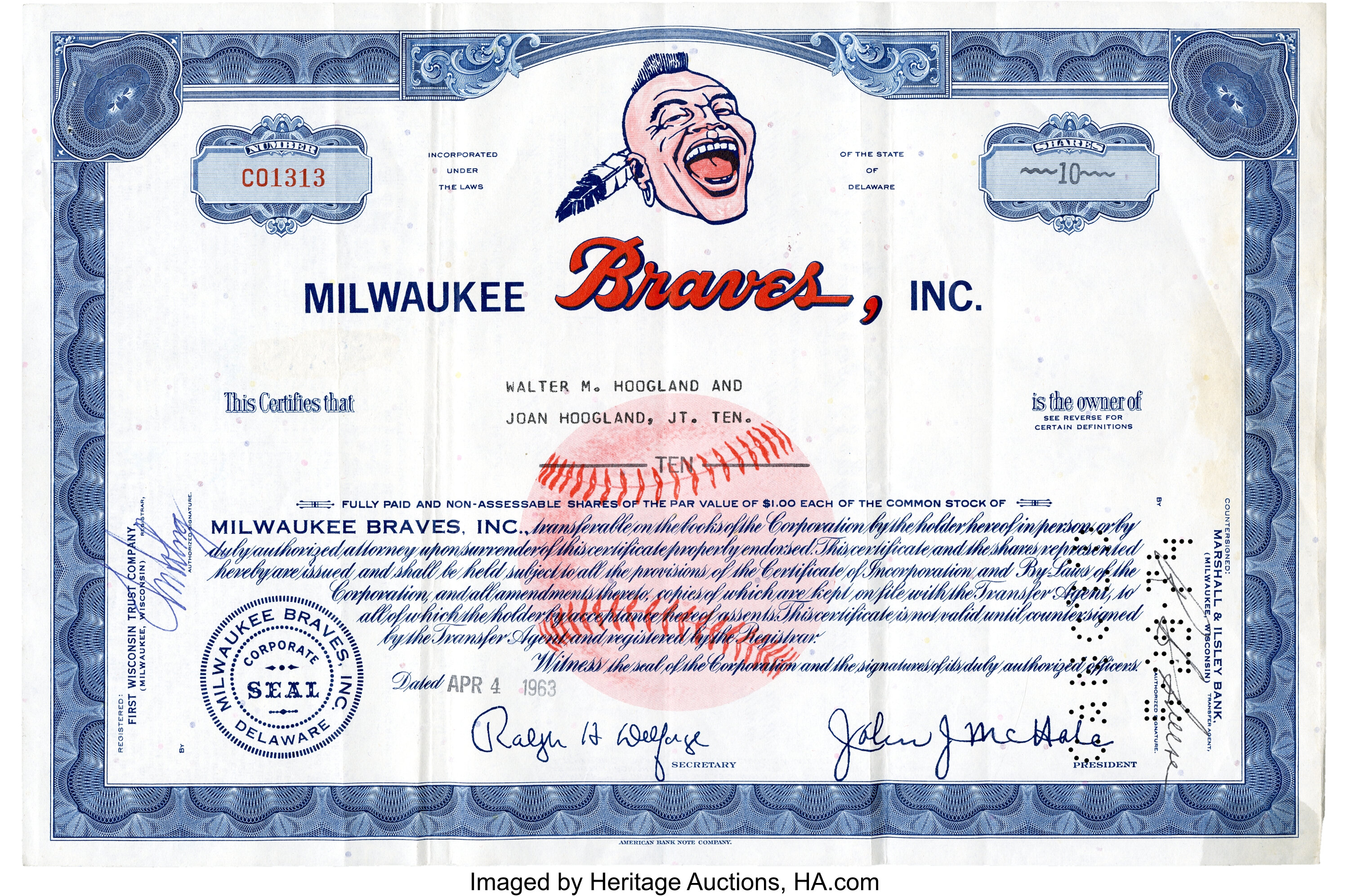 1963 Milwaukee Braves Original Stock Certificate. Baseball