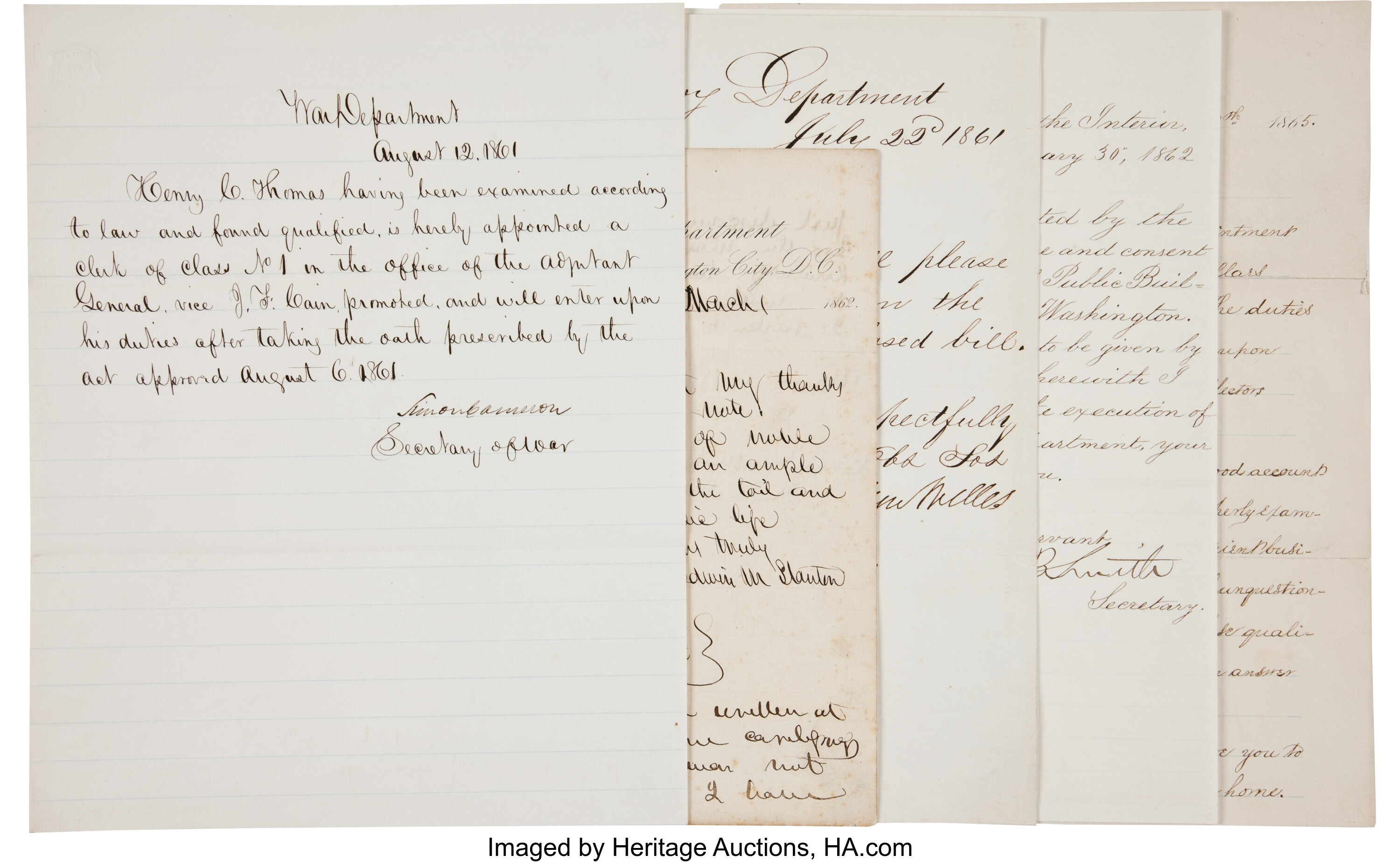 Abraham Lincoln Cabinet Members Documents And Letters Signed