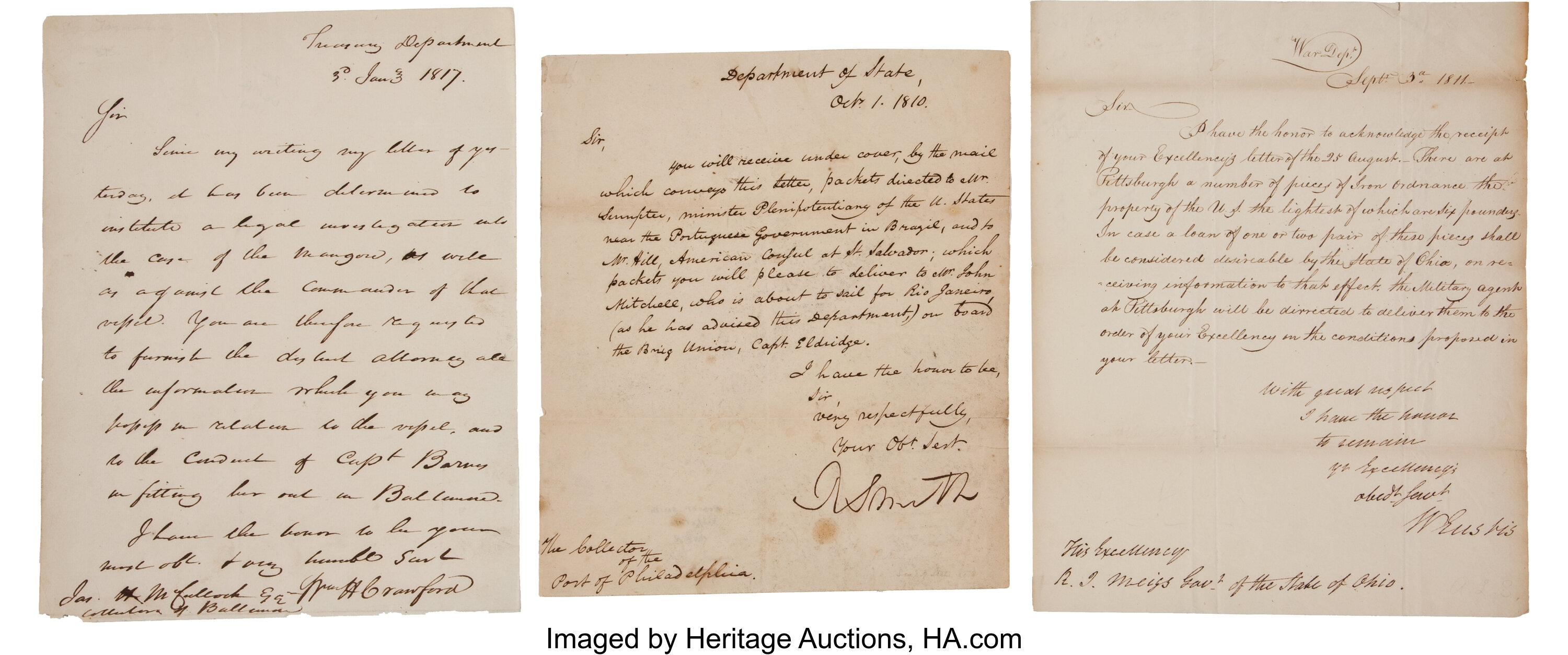 James Madison Cabinet Members Letters Signed 3 Total 3