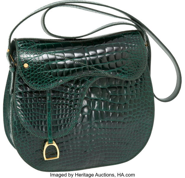 Gucci 1970's Very Special Shiny Emerald Green Crocodile Saddle Bag, Lot  #56181