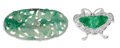 Estate Jewelry:Brooches - Pins, Jadeite, Platinum, White Gold Brooches. The lot includes: one
carved and pierced oval-shaped jade measuring 43.00 x 10.80 ...
(Total: 2 Items)