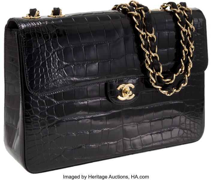 Chanel Black Shiny Crocodile Jumbo Classic Single Flap Bag with