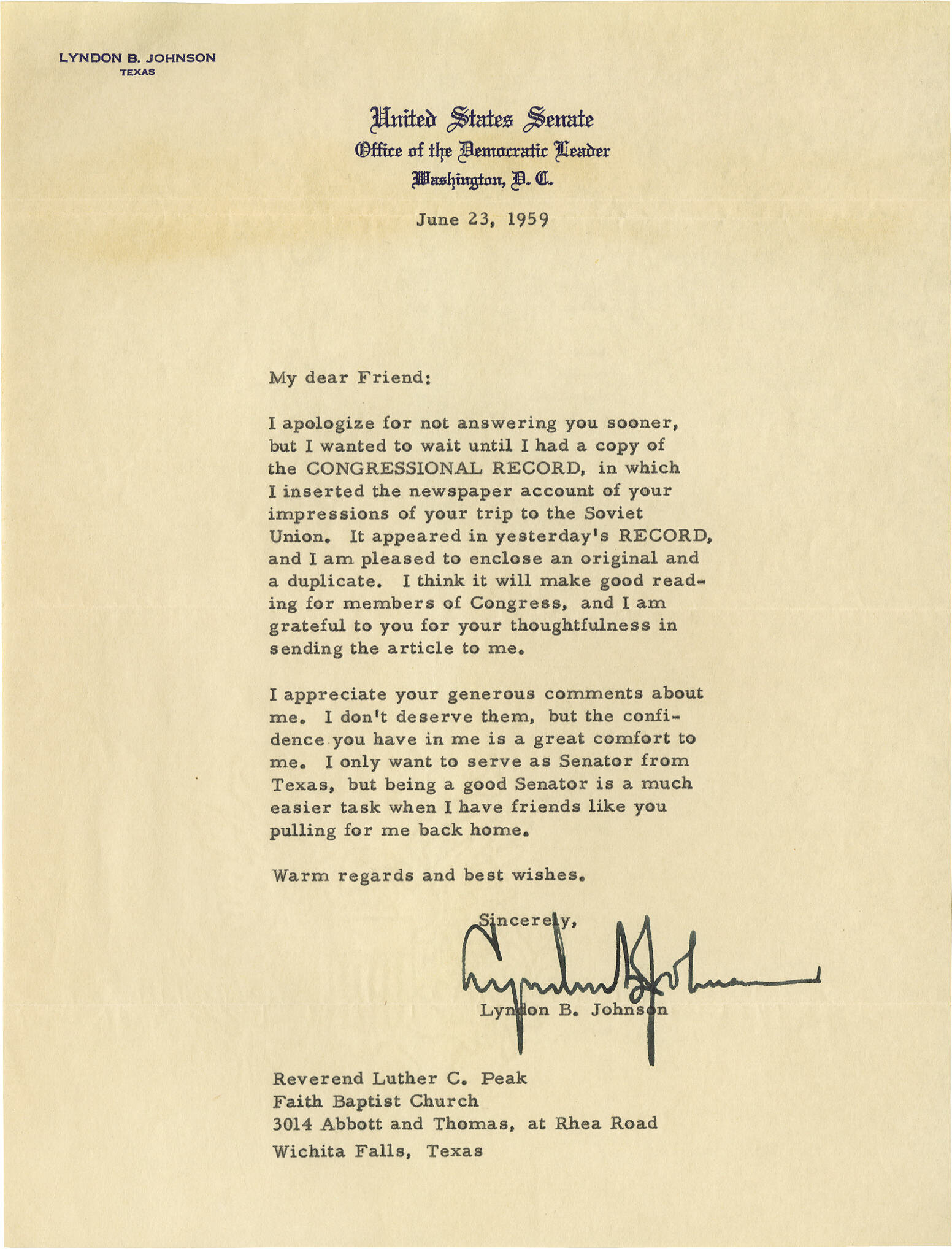 Lyndon B Johnson Typed Letter Signed One Page 8 X 10 5 U S