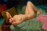 EARL MORAN (American, 1893-1984) Brunette Nude Oil on panel 24 x 36 in. Signed lower right