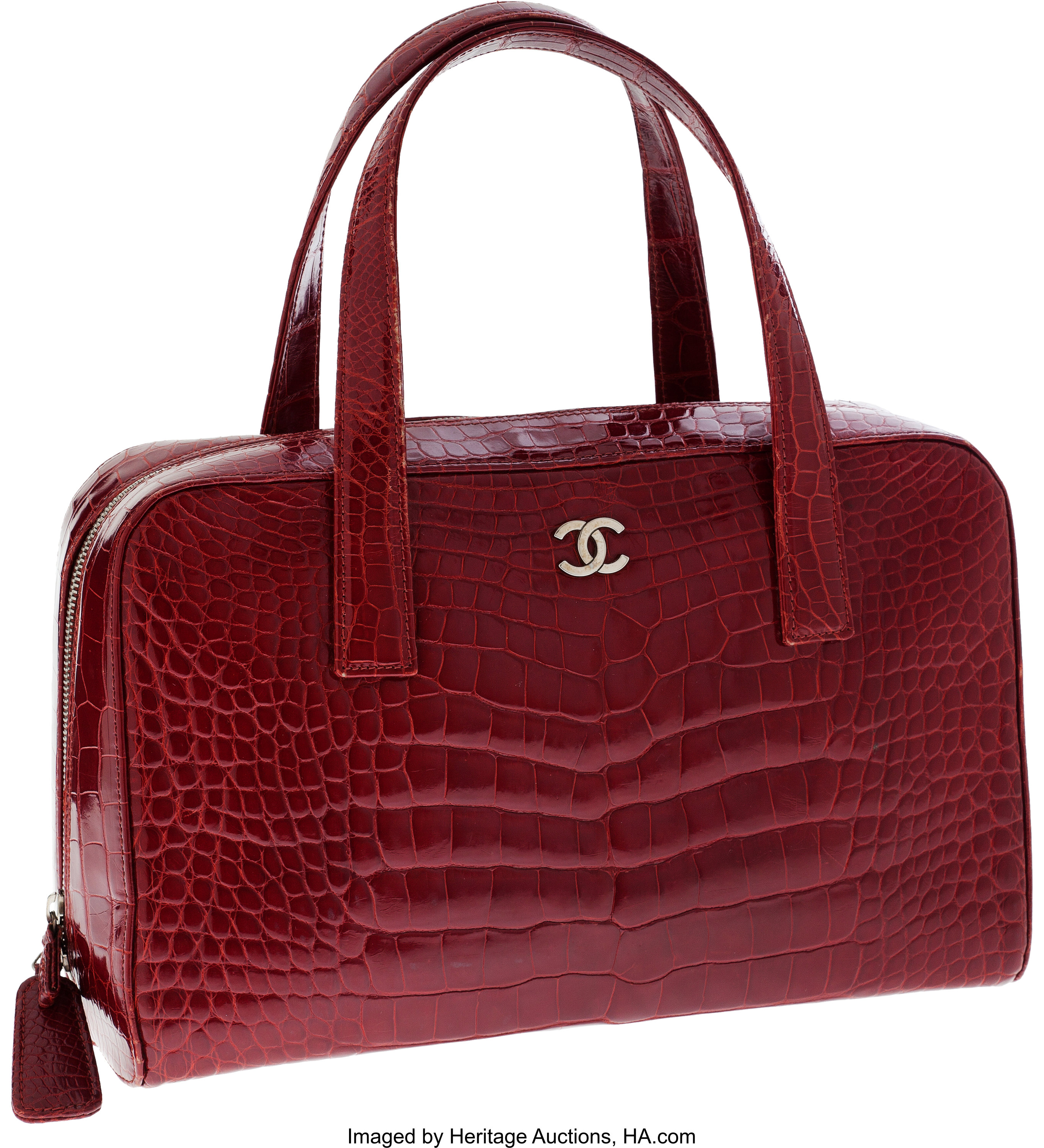 Chanel Shiny Red Crocodile Large Bowling Bag with Silver Hardware