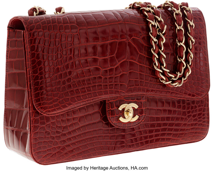 Chanel Shiny Red Crocodile Jumbo Single Flap Bag with Gold, Lot #56258