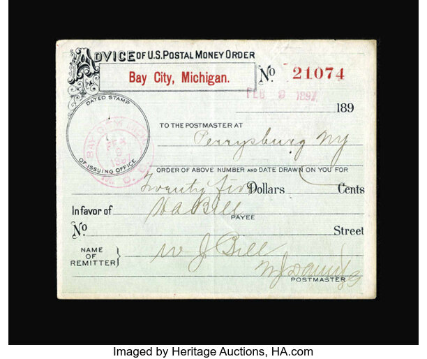 Bay City Mi Advice Of U S Postal Money Order Feb 9 1897 Lot 12318 Heritage Auctions