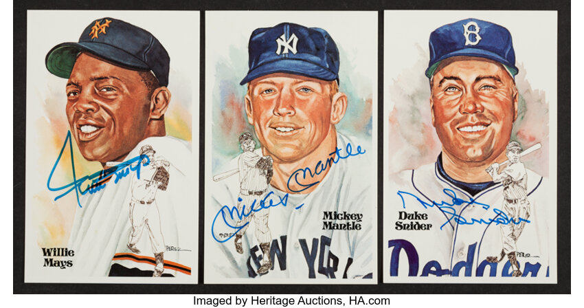 Baseball Collectibles:Others, Willie Mays, Mickey Mantle and Duke Snider Signed Perez SteelePostcards Lot of 3....