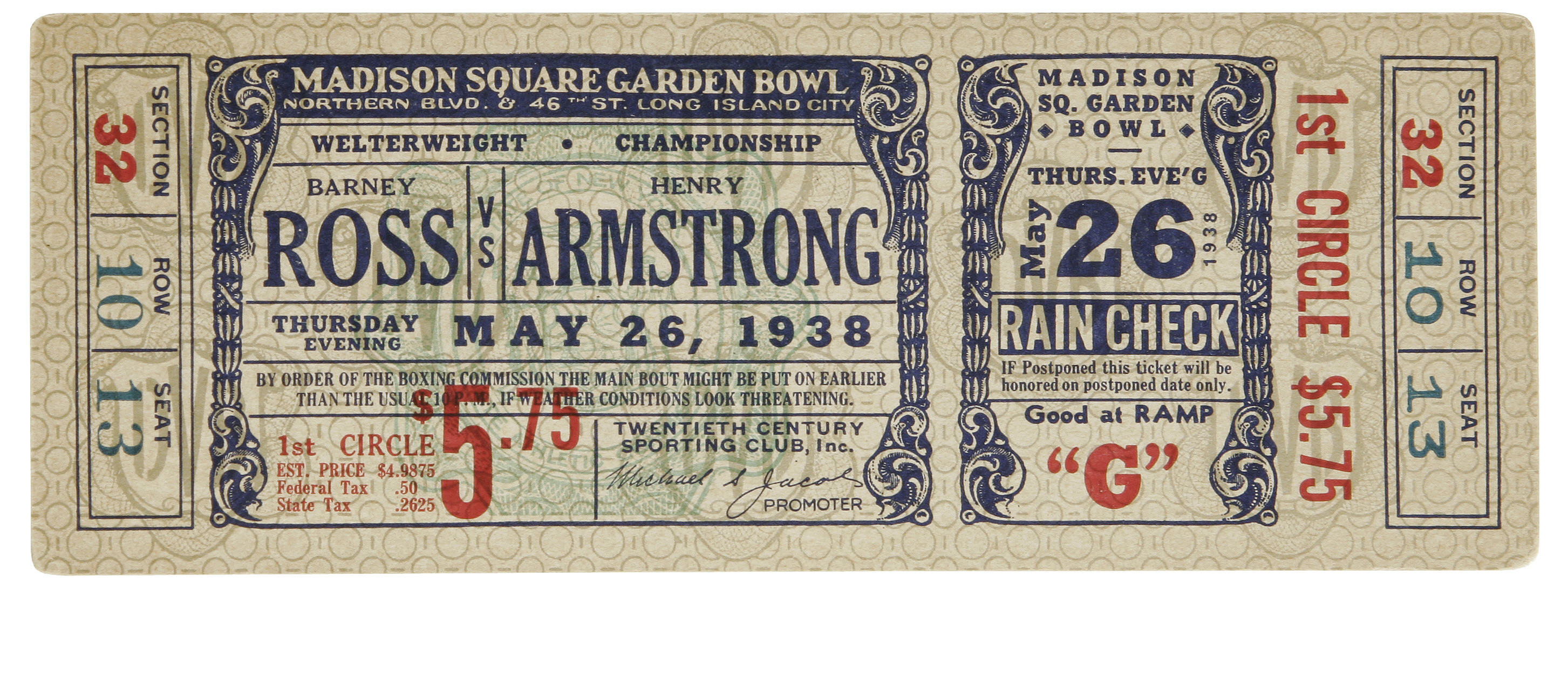 1938 Armstrong Vs Ross Full Ticket On May 31 1938 Henry Lot