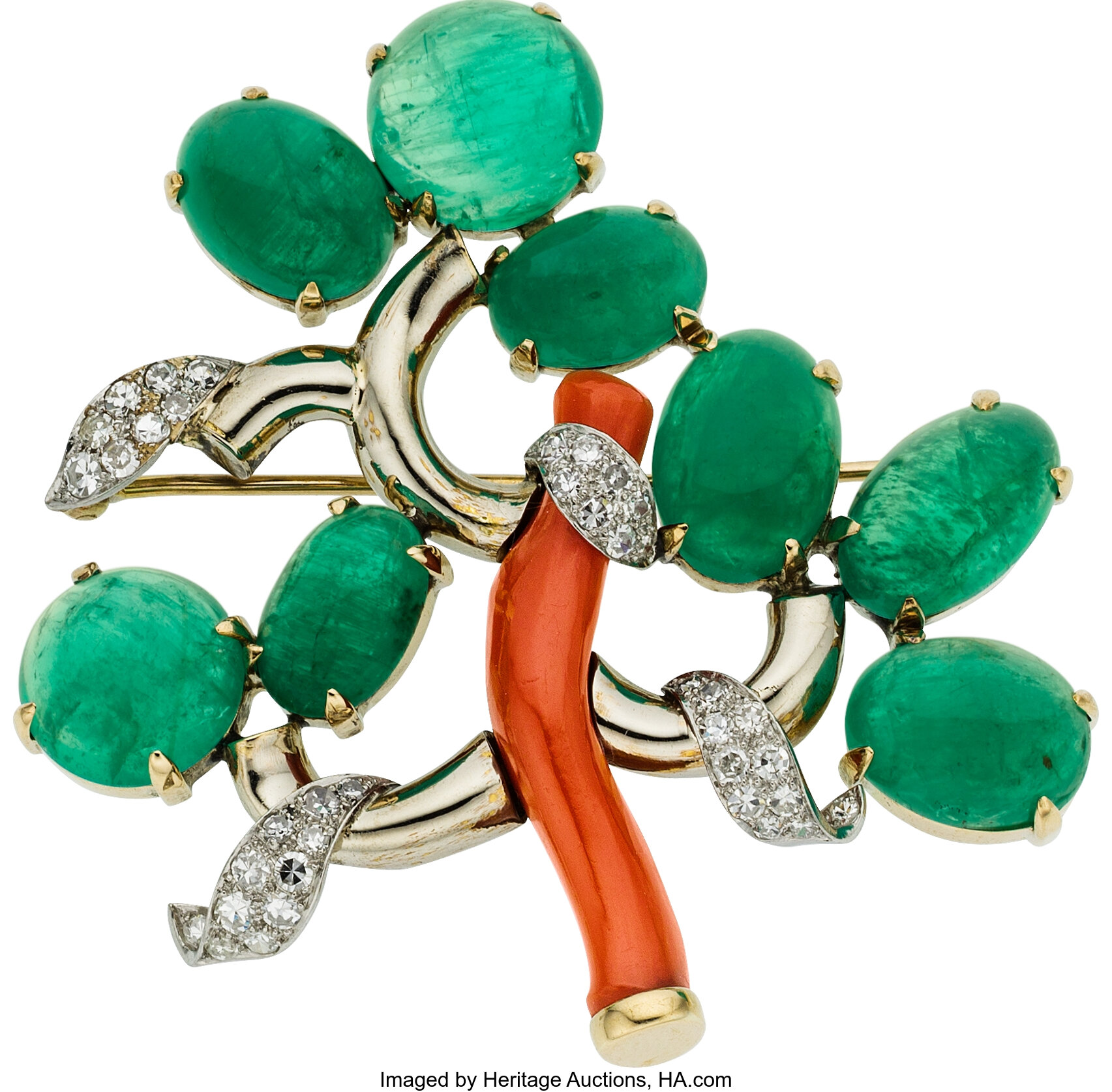 Emerald, Coral, Diamond, Gold, Platinum Brooch, Seaman Schepps ...