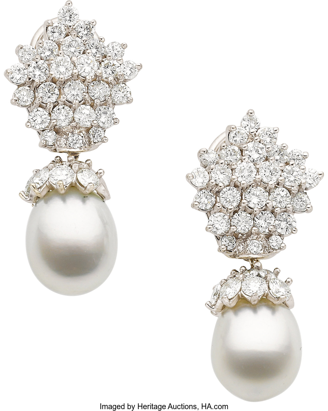 Diamond, South Sea Cultured Pearl, White Gold Earrings. ... Estate ...