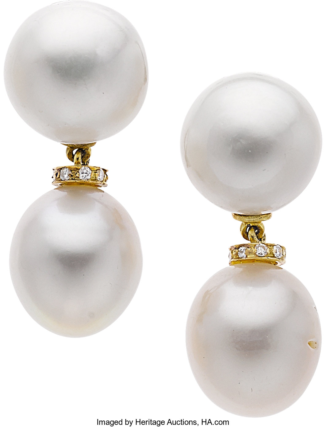 South Sea Cultured Pearl, Diamond, Gold Earrings. ... Estate | Lot ...