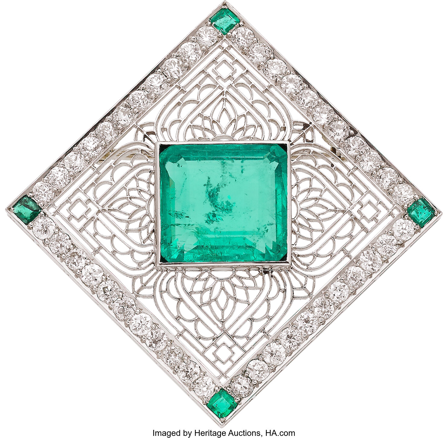 Edwardian Colombian Emerald, Diamond, Platinum, Gold Brooch. ... | Lot ...
