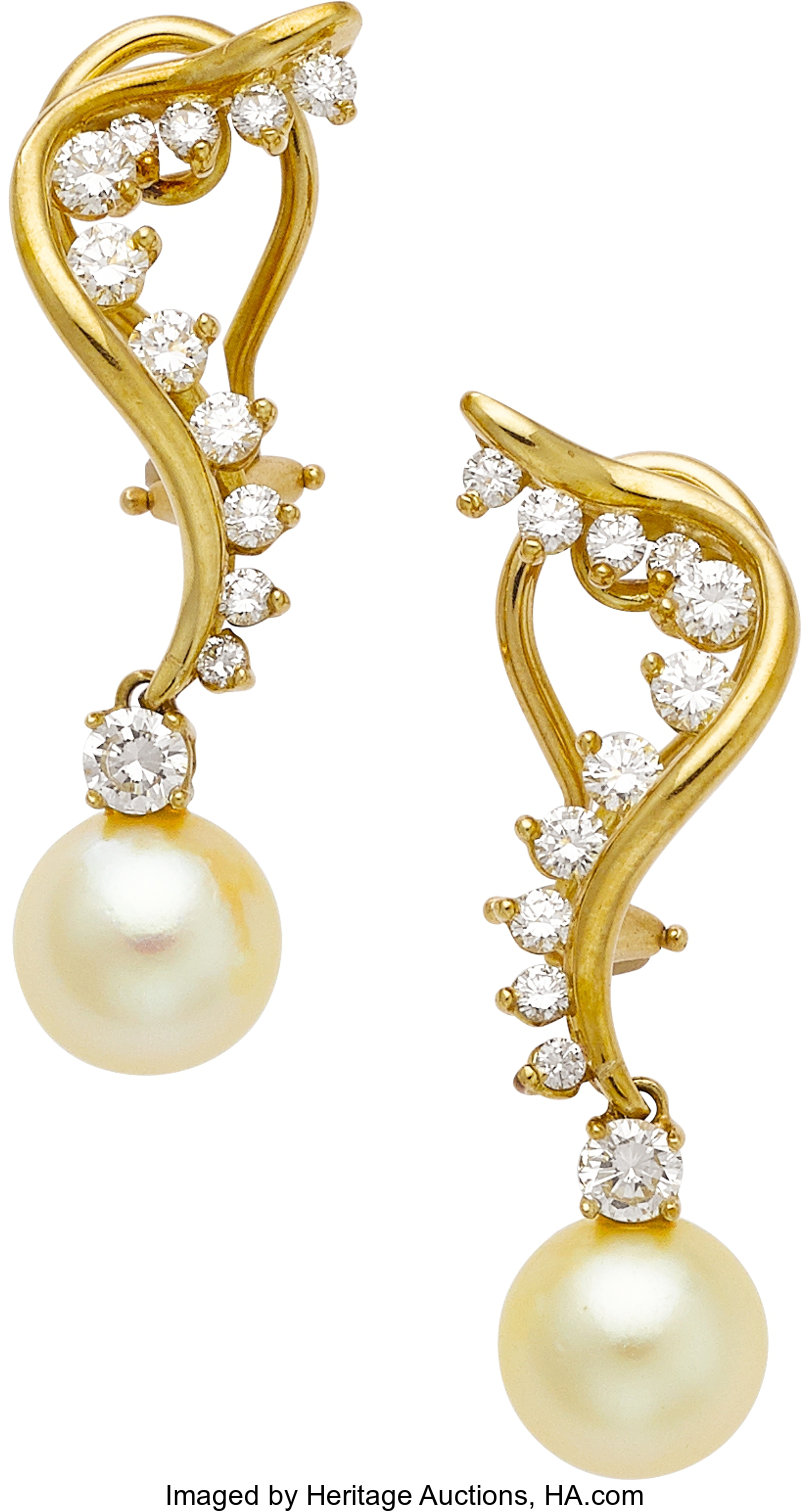 Cultured Pearl, Diamond, Gold Earrings. ... Estate Jewelry Earrings ...