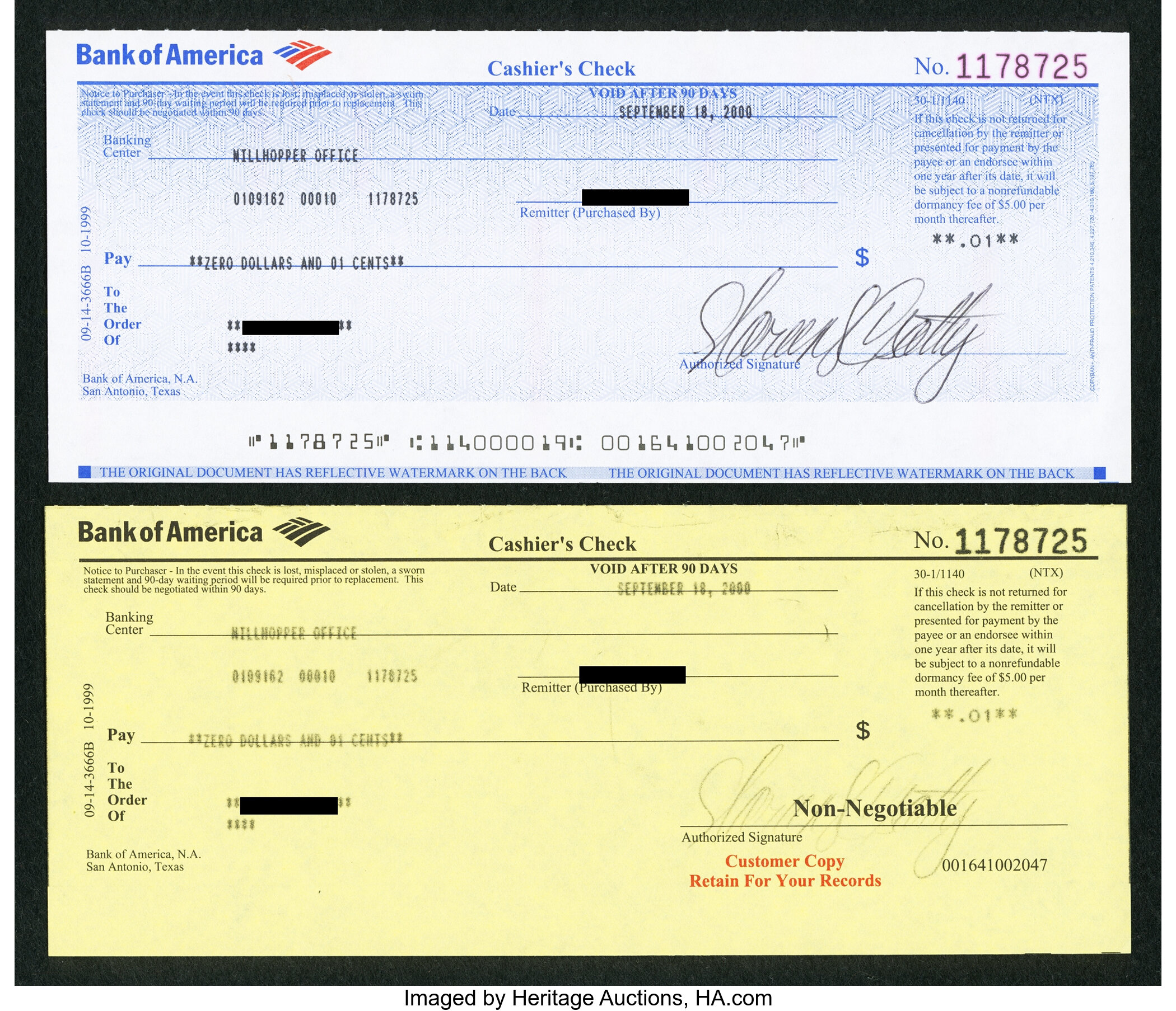 Bank of America Cashier's Check 1Â¢ September 18, 2000.. ... (Total ...