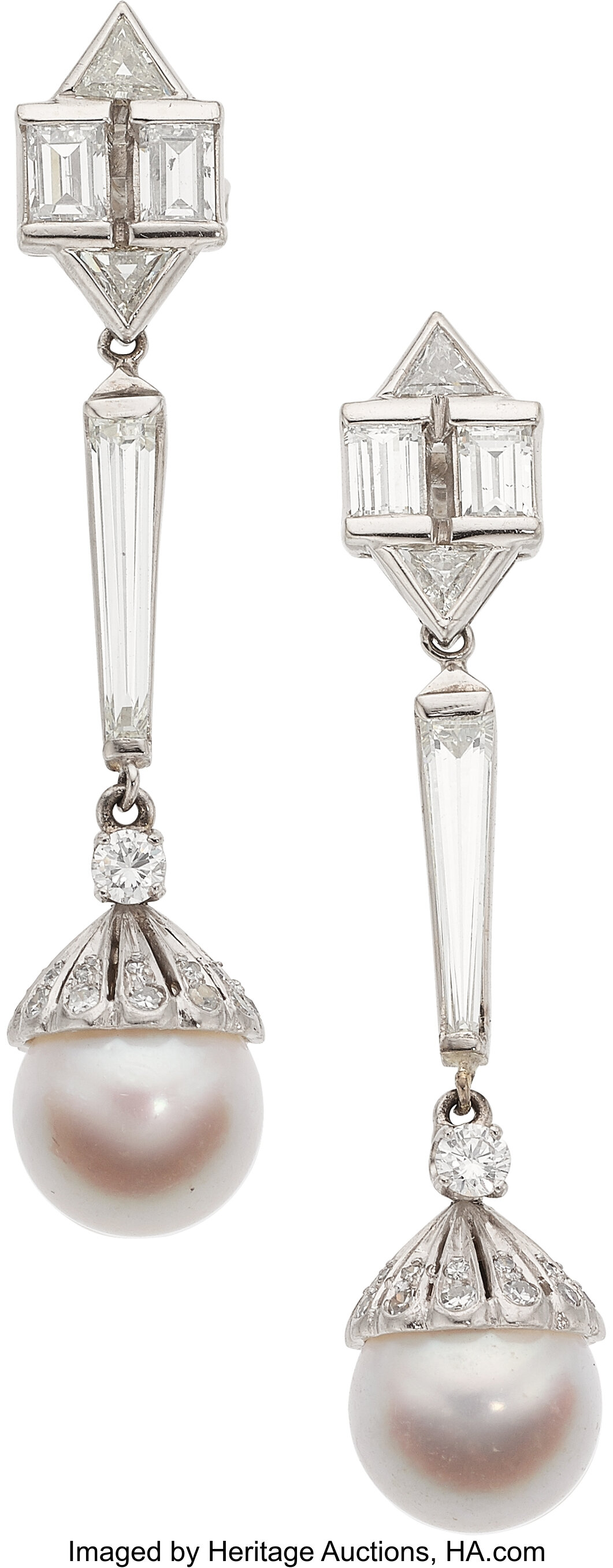 Cultured Pearl, Diamond, Platinum Earrings. ... (Total: 2 Items) | Lot ...