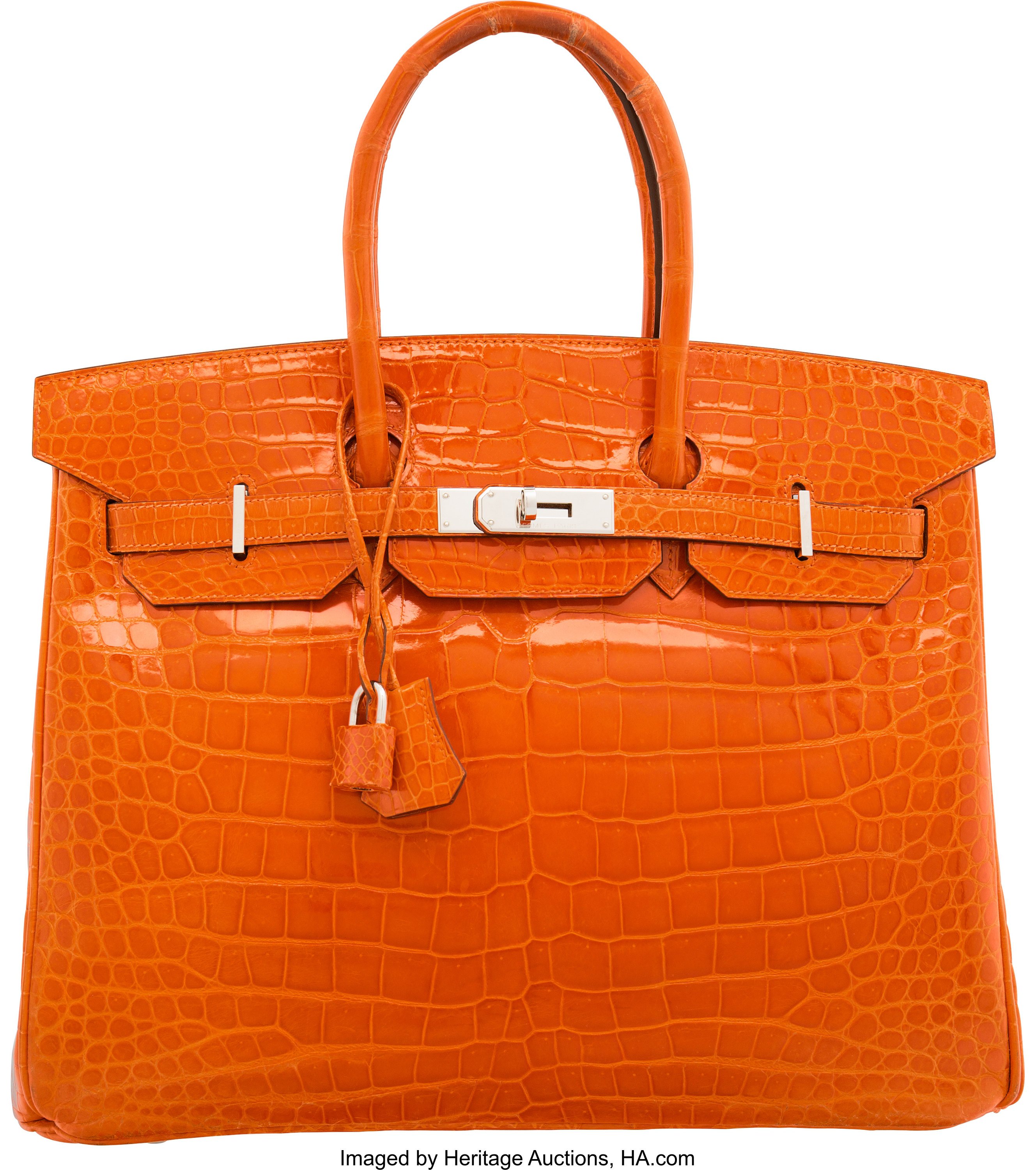 Hermes 35cm Shiny Orange H Porosus Crocodile Birkin Bag with | Lot ...