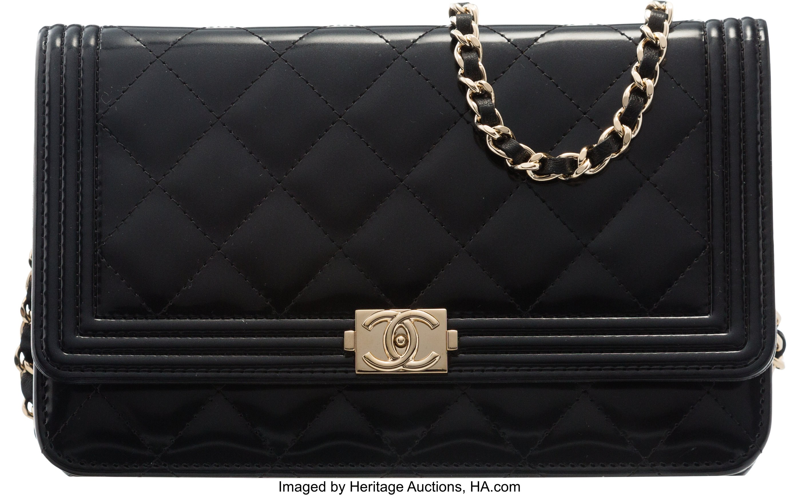 Chanel Black Quilted Patent Leather Boy Wallet on Chain with Gold | Lot ...