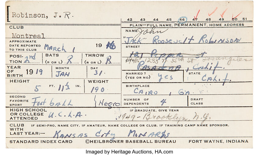 1946 Heilbroner Baseball Bureau Information Card Filled Out & Signed by Jackie Robinson