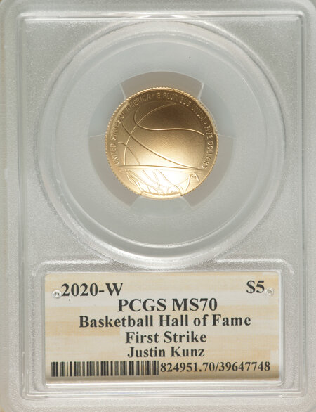 2020-W $5 Basketball Hall of Fame, First Strike, NMBHOF, Coin Designer Justin Kunz, MS 70 PCGS
