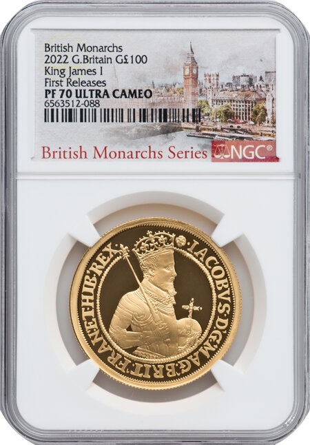 Elizabeth II gold Proof "King James I" 100 Pounds (1 oz) 2022 PR70  Ultra Cameo NGC, 70 NGC