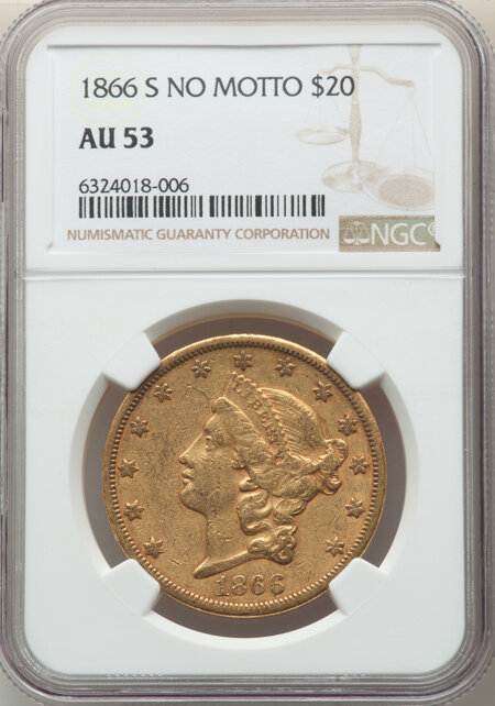 1866-S $20 NO MOTTO 53 NGC