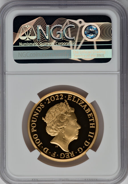 Elizabeth II gold "James I" 100 Pounds 2022 PR70 Ultra Cameo NGC. One of First 100 Struck 70 NGC