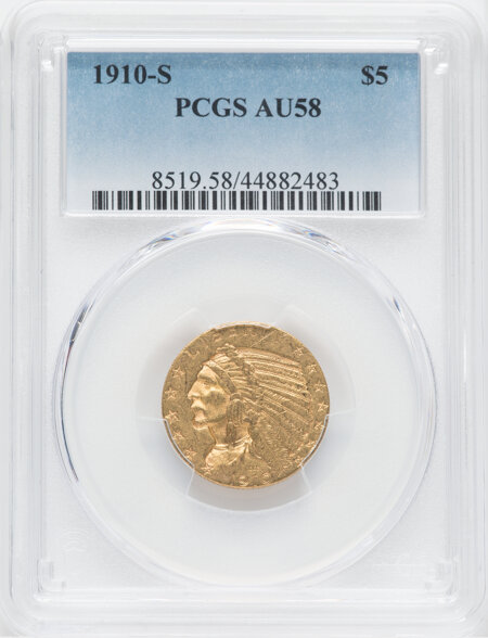 1910-S $5, MS 58 PCGS