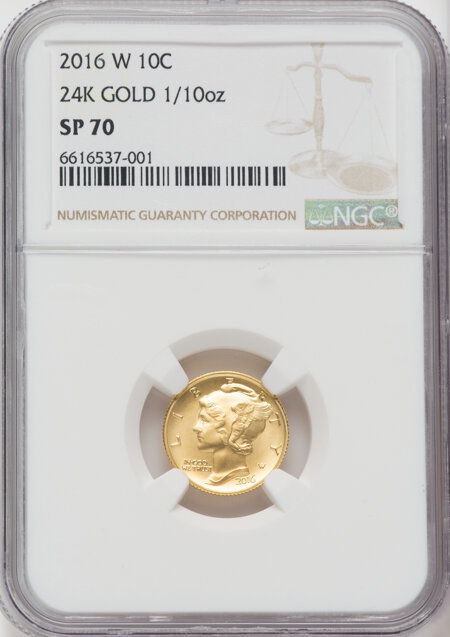 2016-W 10C Mercury Dime, Tenth-Ounce Gold, 100th Anniversary, SP 70 NGC