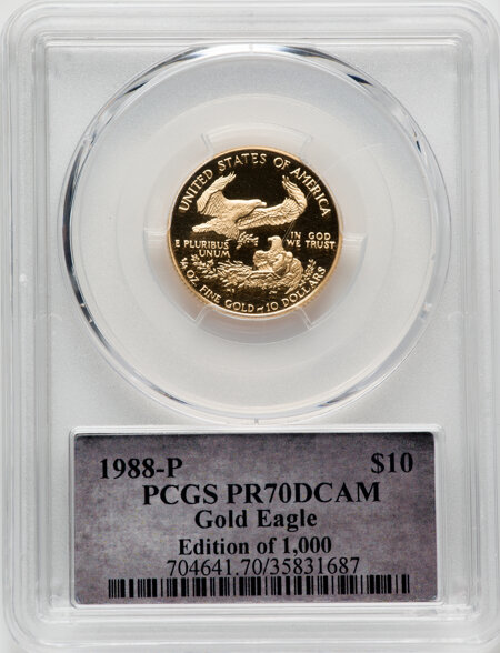 1988-P $10 Quarter-Ounce Gold Eagle, Thomas Cleveland Bell, PR DC 70 PCGS