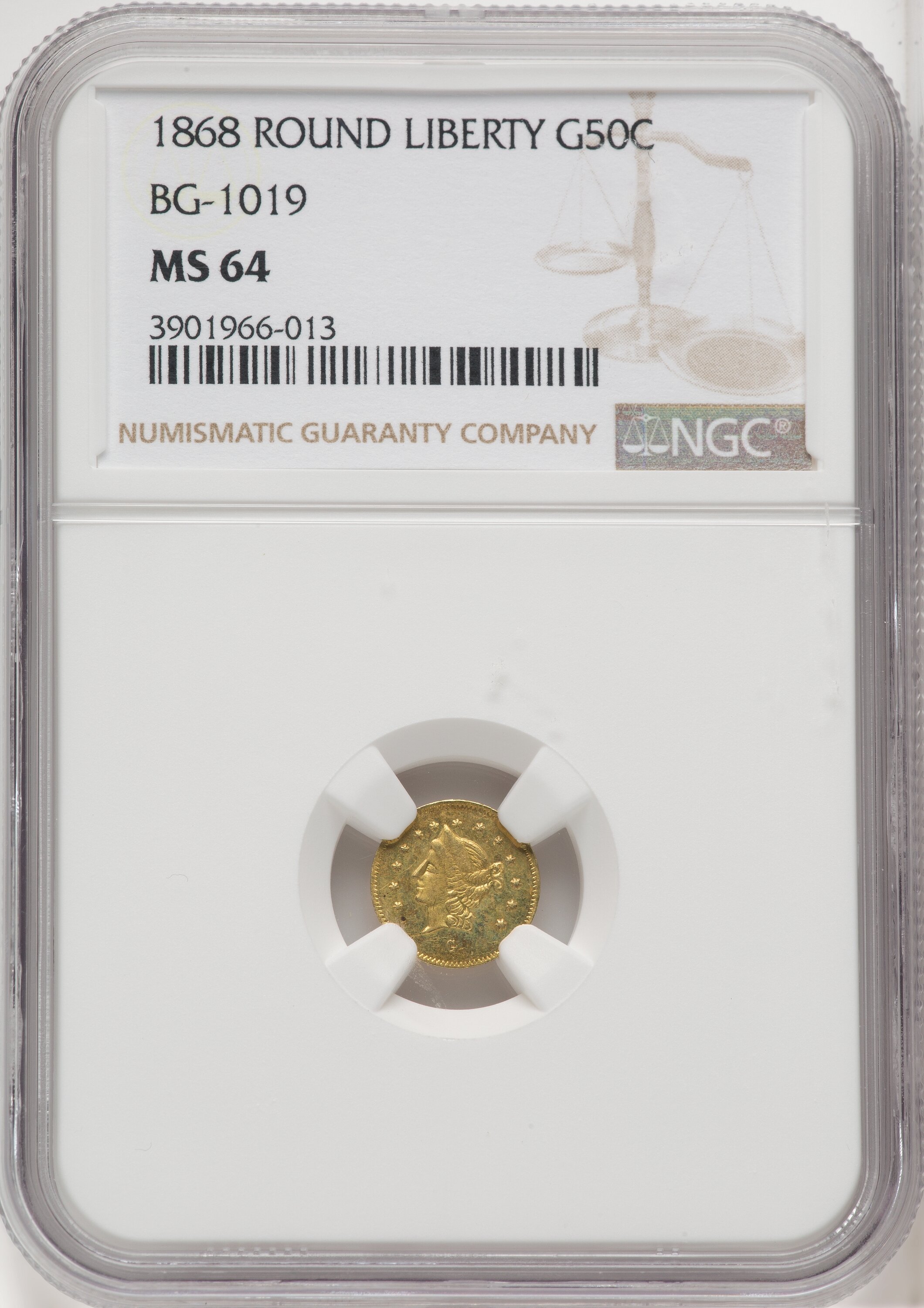 1868 Liberty Round 50 Cents, BG-1019, R.5 64 NGC