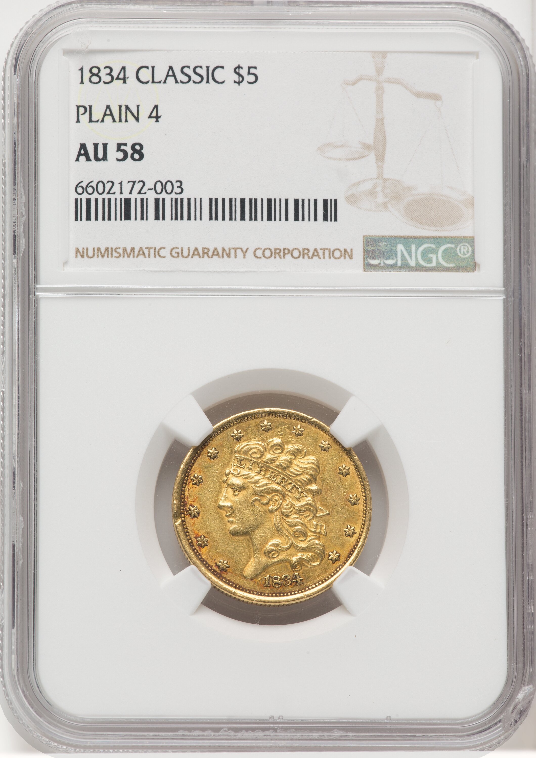 1834 $5 PLAIN 4, MS 58 NGC