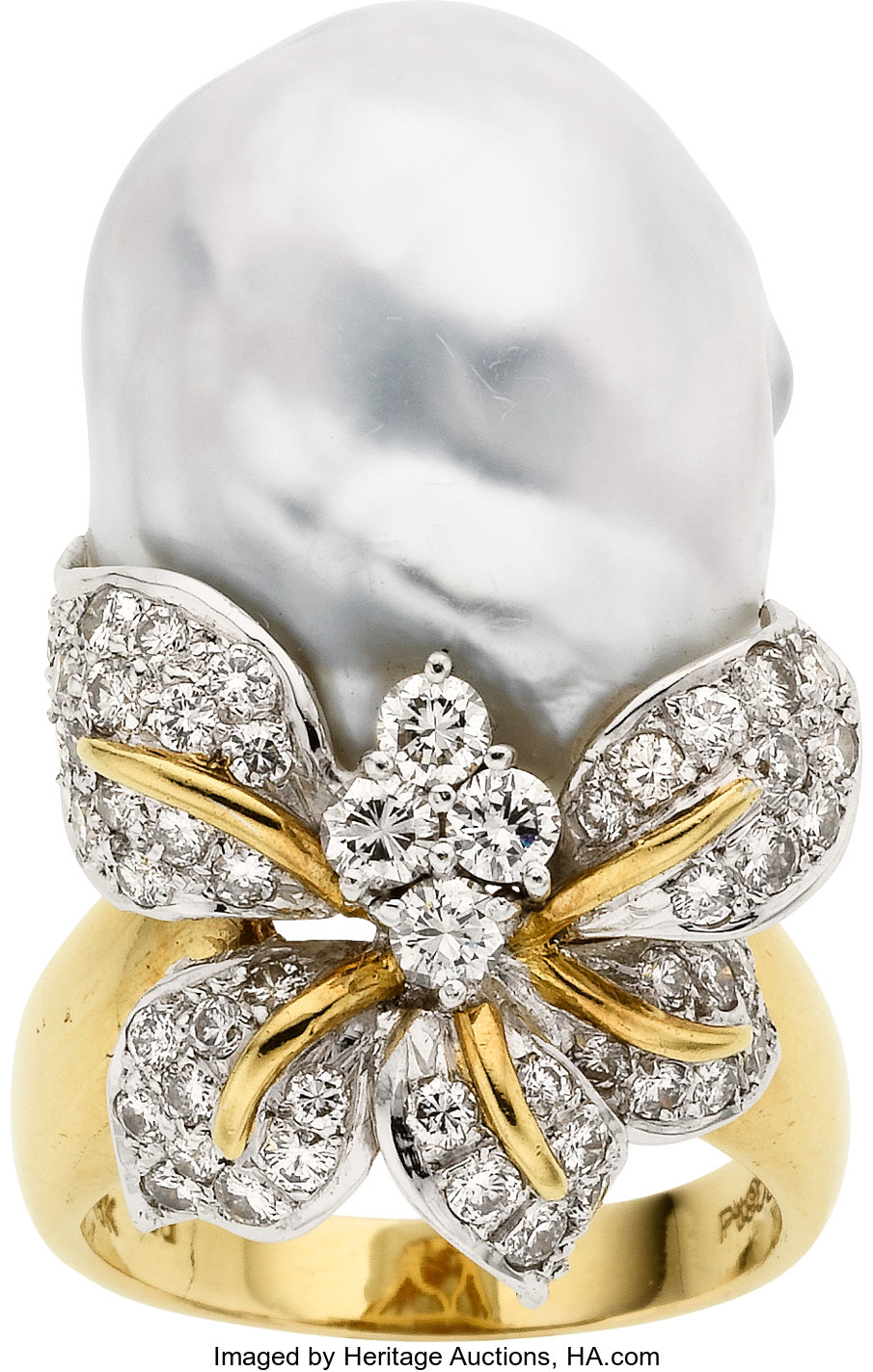 Baroque South Sea Cultured Pearl, Diamond, Platinum, Gold Ring ...