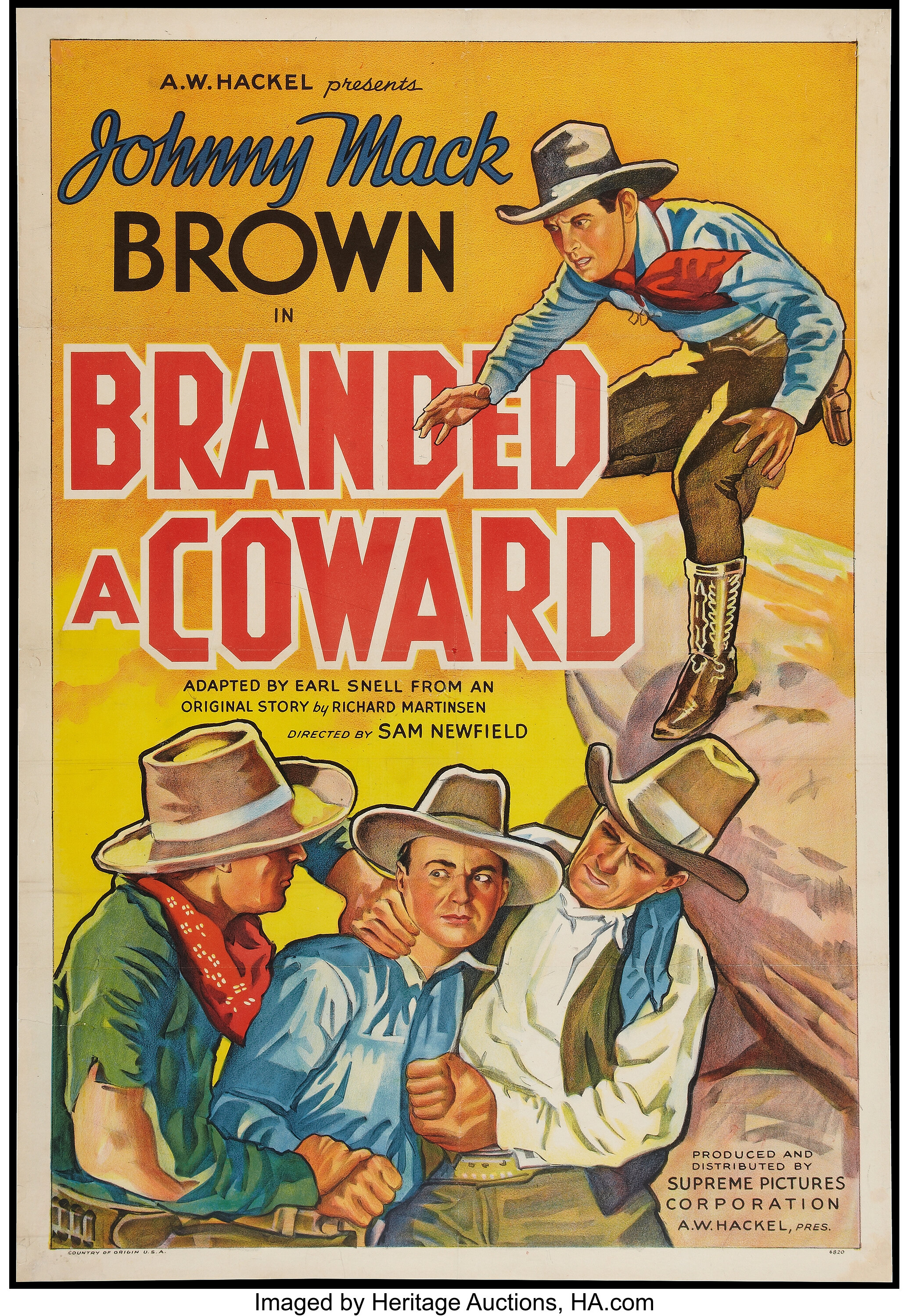 Branded a Coward (Supreme, 1935). One Sheet (27