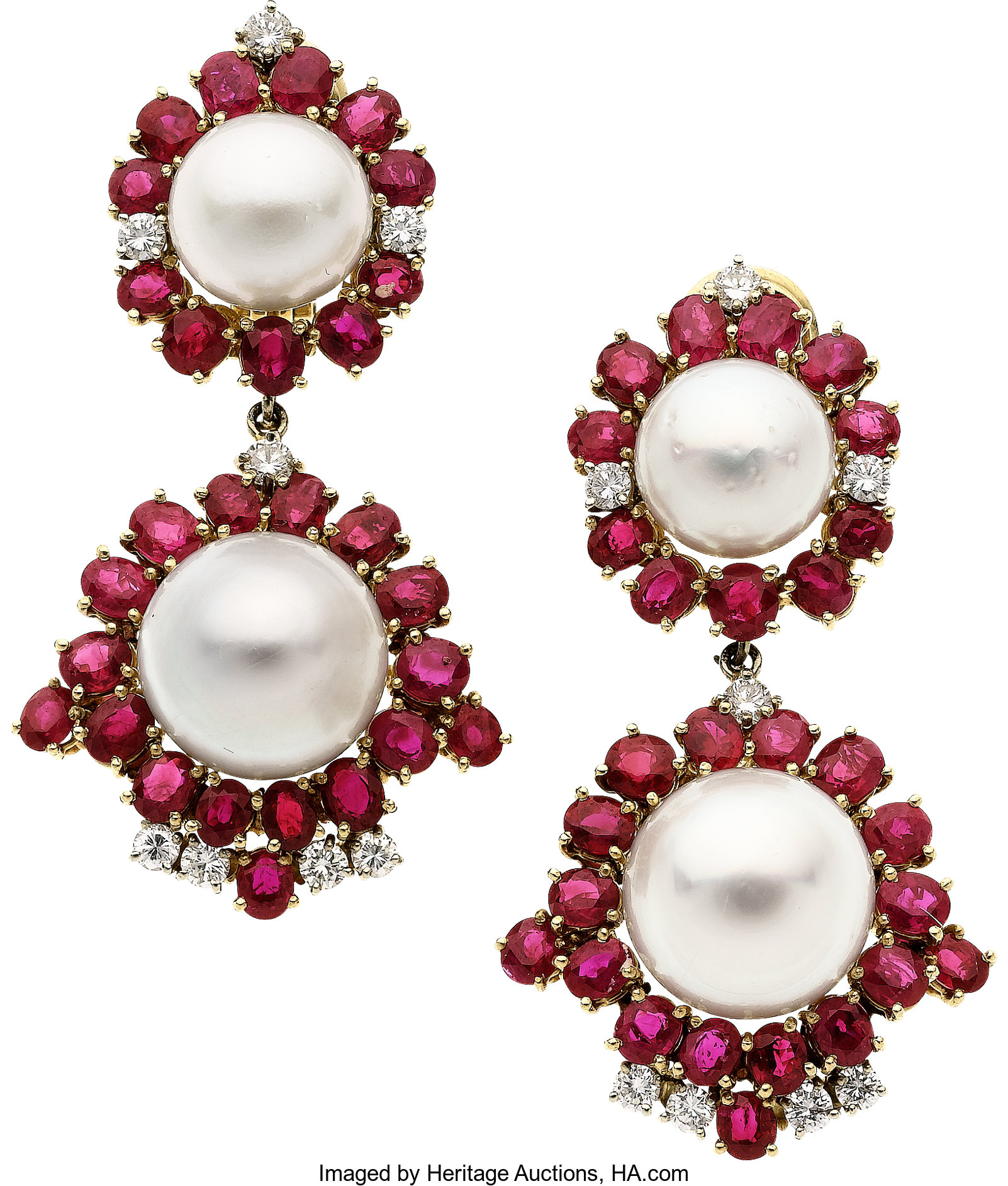 South Sea Cultured Pearl, Ruby, Diamond, Gold Earrings. ... Estate ...