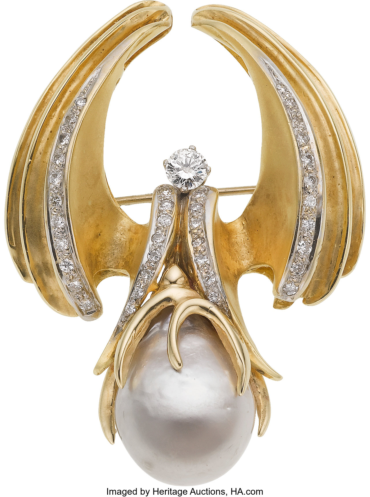 South Sea Cultured Pearl, Diamond, Gold Brooch. ... Estate Jewelry ...