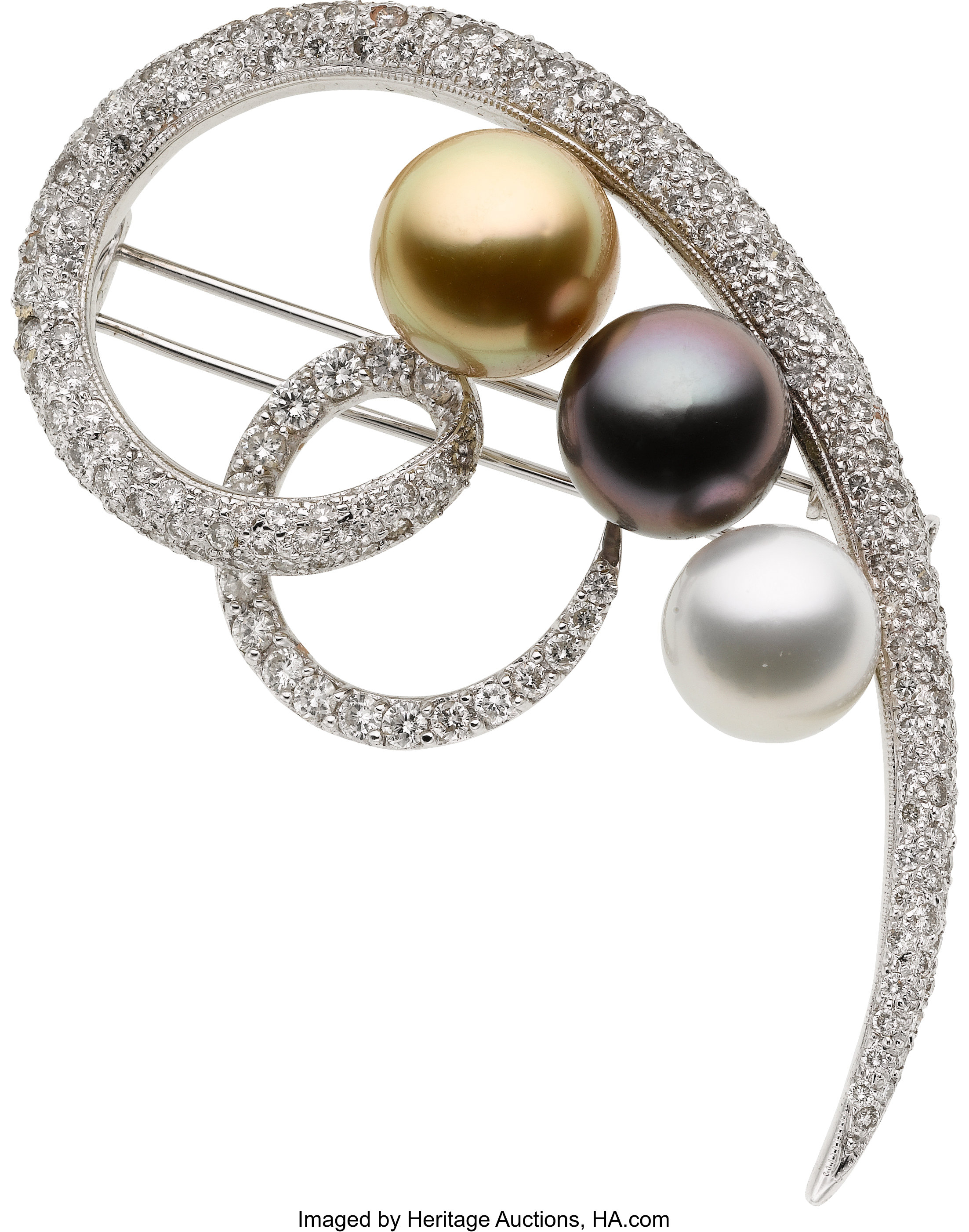 Multi-Colored South Sea Cultured Pearl, Diamond, White Gold Brooch ...