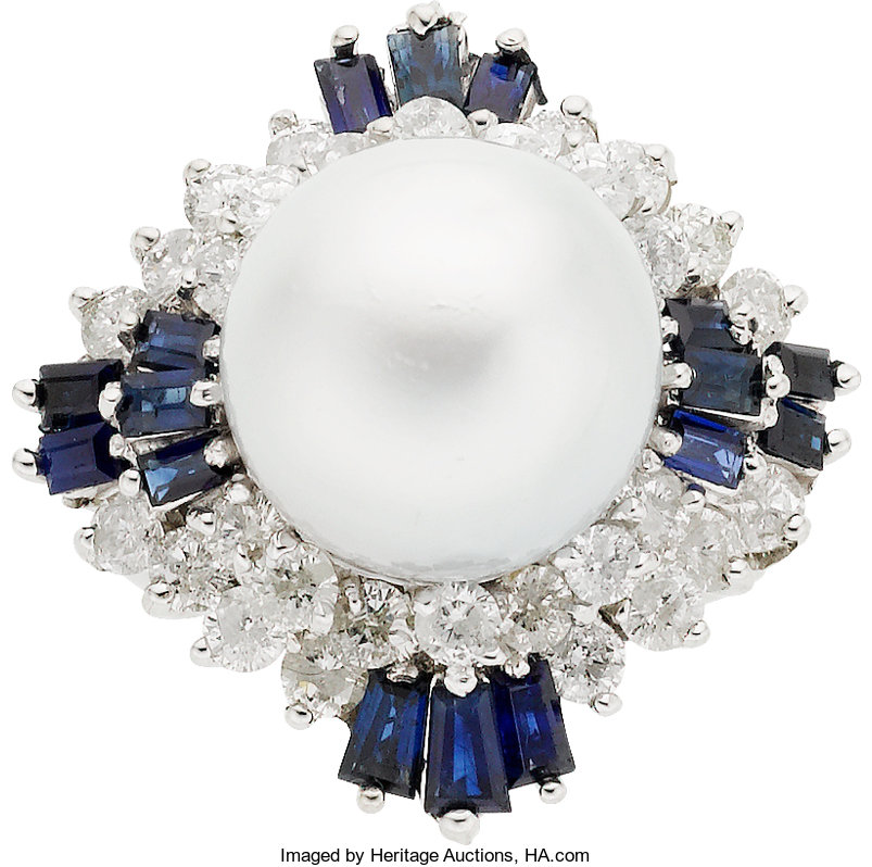 South Sea Cultured Pearl, Diamond, Sapphire, White Gold Ring. ... | Lot ...