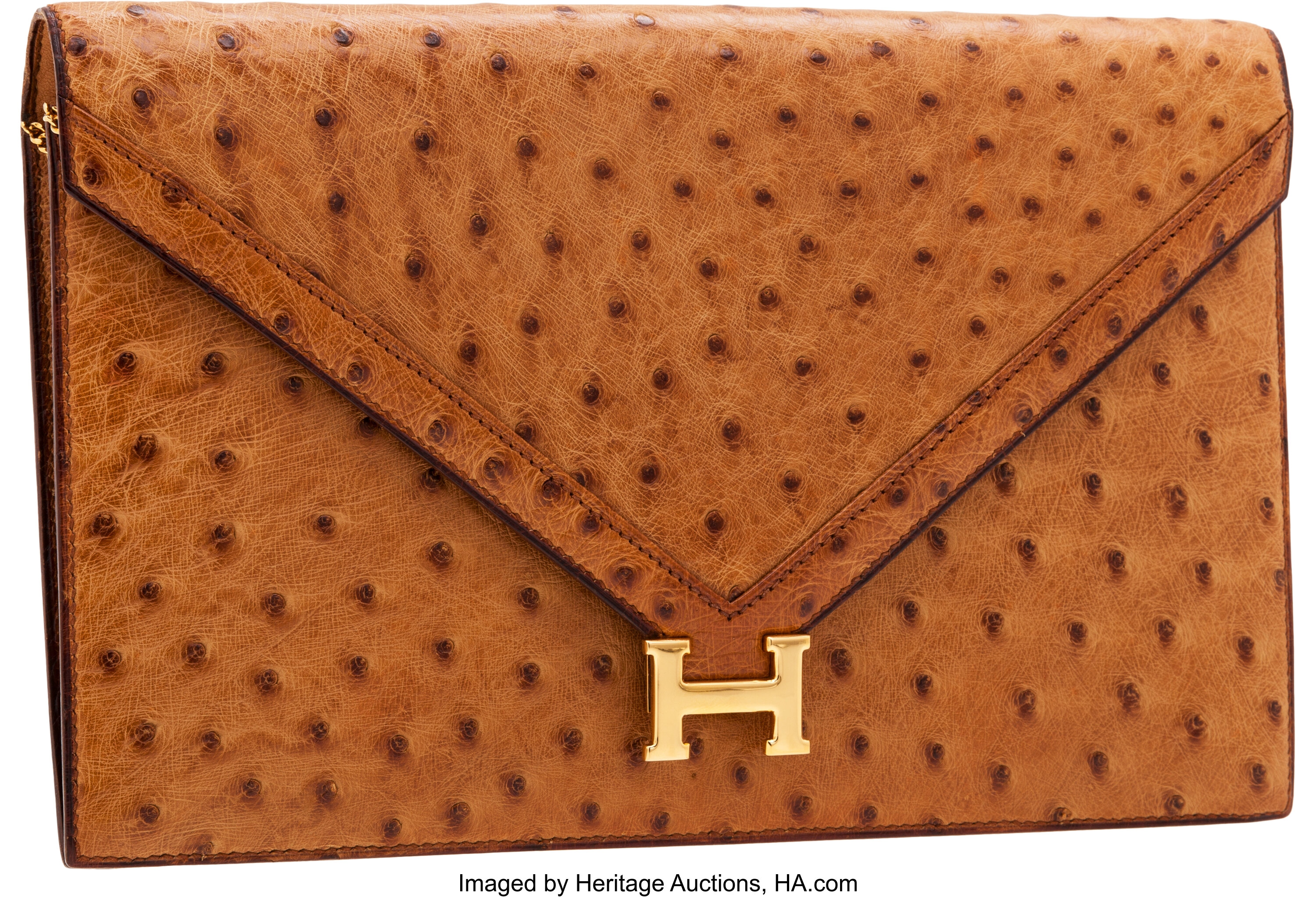Hermes Cognac Ostrich Lydie Clutch Bag with Gold Hardware. ... | Lot ...